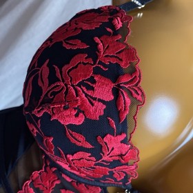 Ann Summers THE HERO Cami Suspender, Black Sheer Mesh Red Embroidered, UK 16 B-C