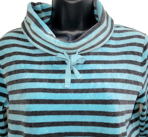 T By Talbots Velour Pullover Cowl Neck Drawstring Size XS Aqua Charcoal Striped - Picture 5 of 10