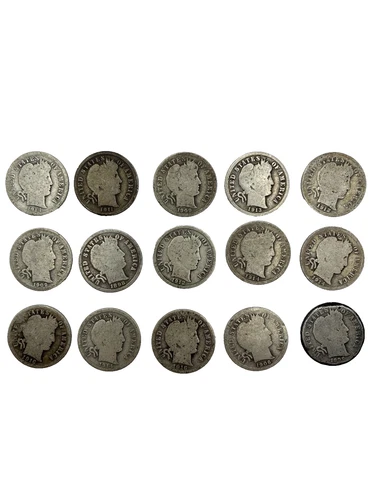 Lot of 15 Barber dimes, $1.50 face value all different dates 90% silver