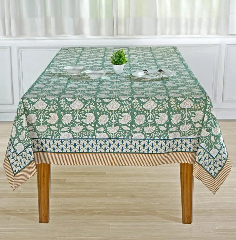 Ridhi Turquoise Moss Green Hand Block Print Cotton Rectangle Tablecloth 120 X... - Image 2 of 4
