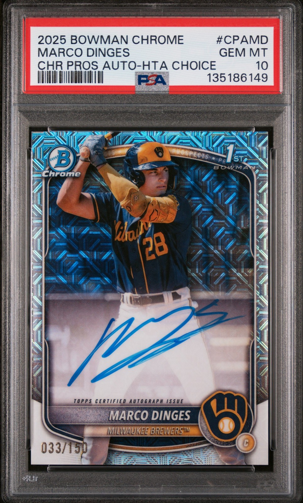 2025 BOWMAN CHROME PROSPECT AUTOS HTA CHOICE #CPAMD MARCO DINGES 33/150 PSA 10