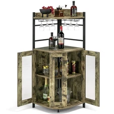 Corner Bar Cabinet Industrial Liquor Wine Cabinet w/ Glass Holder & Mesh Doors