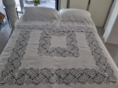 French Rebrodé Embroidery Pure Linen Bedspread and Tablecloth Set