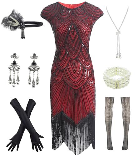 Damen Vintage Cocktailkleid Spitze Fransen Gatsby 20er Jahre XX-Large schwarz rot - Bild 2 von 7