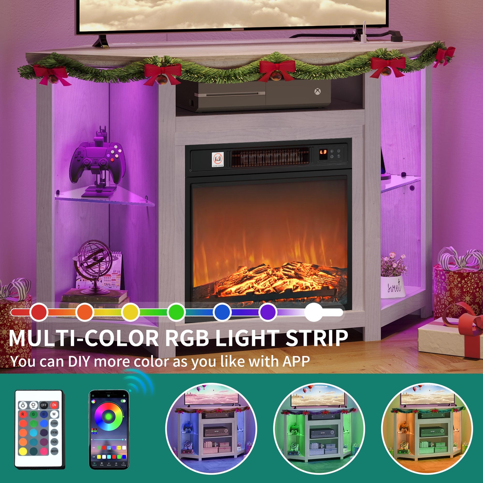 18" Electric Fireplace Corner TV Stand For 55 inch TV w/ LED Lights Power Outlet eBay