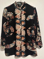 Citron Silk  Asian Print Mandarin Collar Black Tunic Button Front Shirt Sz Med