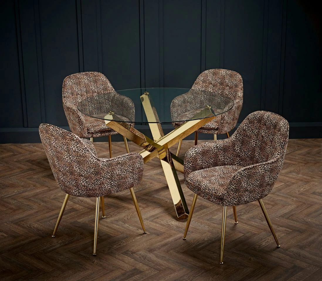 Round Glass Top Dining Table 4 Velvet Leopard Print Dinning Chairs Golden Leg