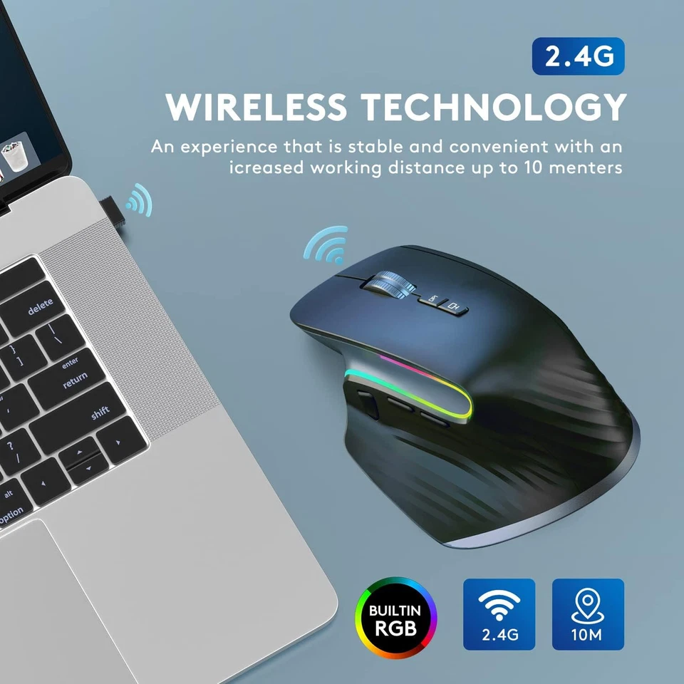 New - WFB Bluetooth Wireless Mouse Ergonomic RGB Optical Silence Rechargeable 9 - Image 2 of 4