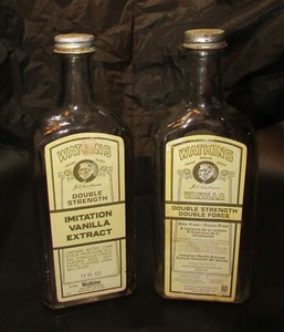 2 Old 1970's Embossed J.R. Watkins Empty 11 oz Vintage Vanilla Bottles w Labels