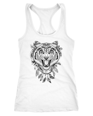 Damen Tank-Top Tiger Boho Zentangle Bohamian Atzec Federn Traumfänger Racerback