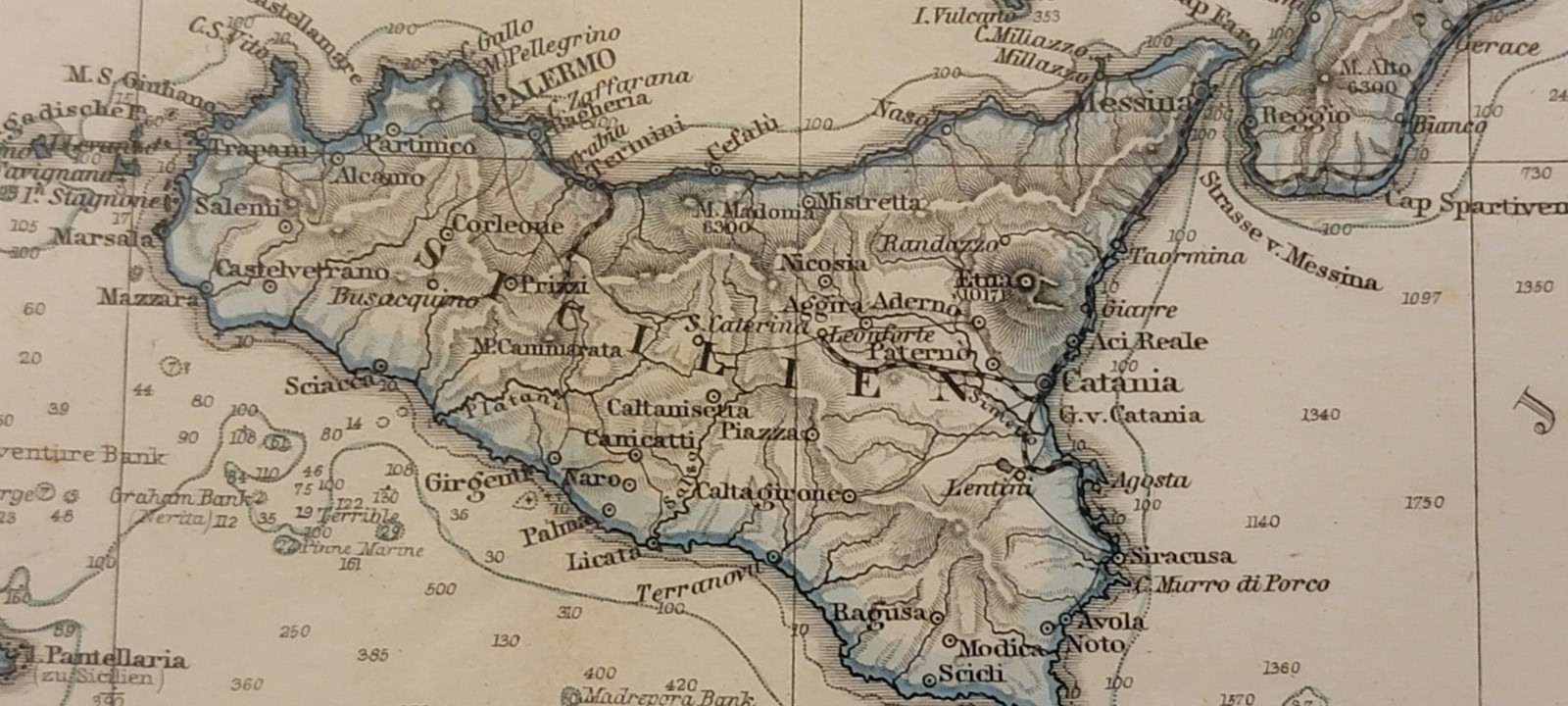 1876 map Italy / Italien Etna, Rome Turin Stieler's Petermann hand coloring