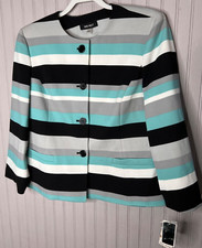 Nine West Womens BLAZER 12 Black Teal White Striped Lined Career Wear NEW $119