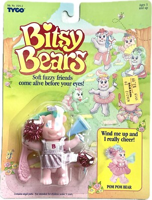 TYCO Bitsy Bears 1991 Pom Pom Bear Vintage Wind Up  Figure Toy on Card 1515-2
