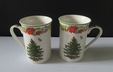 2 Spode Chirstmas Tree 10 Oz Mugs - Poinsettia & Holly Border