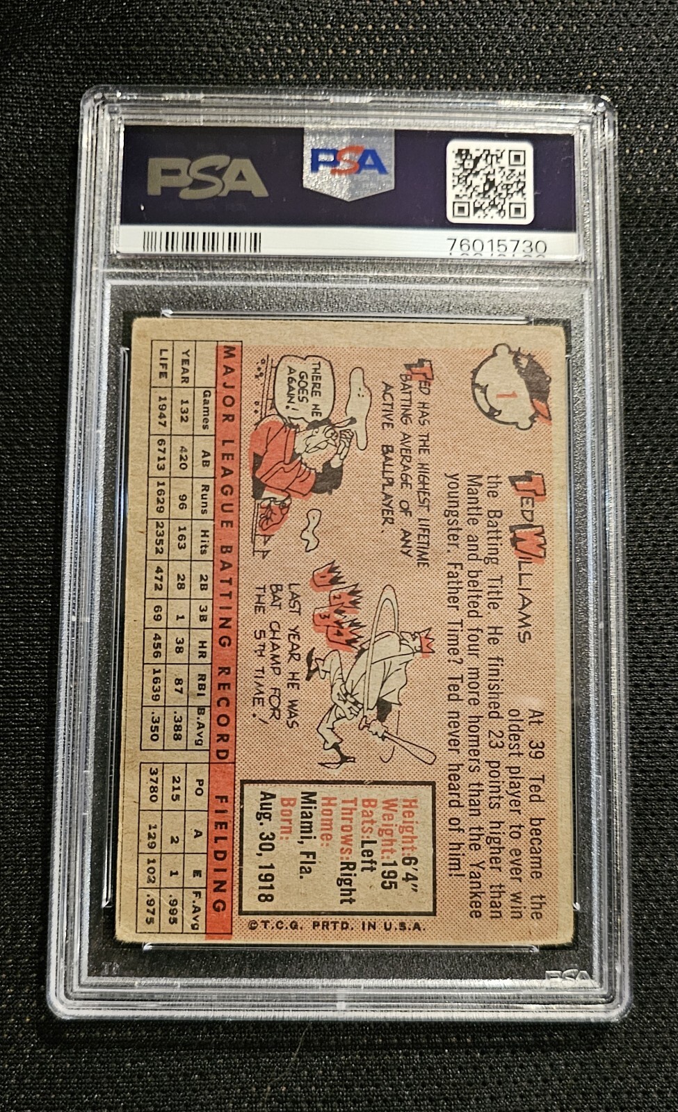 1958 Topps #1 Ted Williams PSA 2 HOF All Star Iconic Card Rare view 2