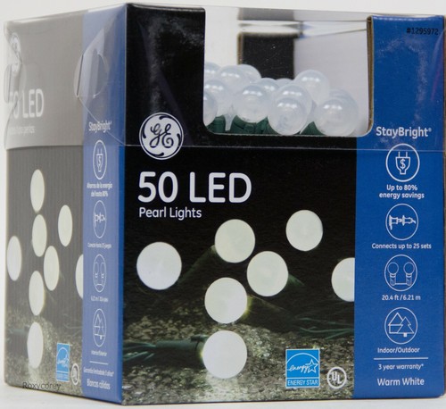 GE StayBright 50-Count 20.4 ft Warm White Pearl String Lights NIB