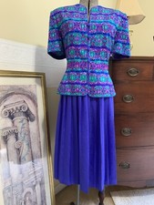 Adrianna Papell 100 Silk Purple Floral 2 Piece Short Sleeve Skirt Set Size 10