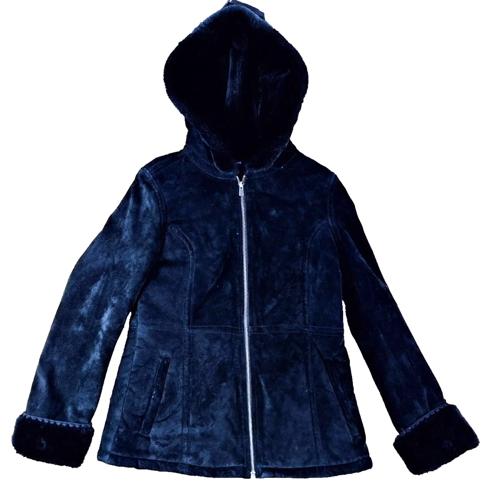 Sonoma 100% Leather Suede Coat Black Womens MEDIUM Hooded Faux Fur Trim Lined - Image 4 of 4