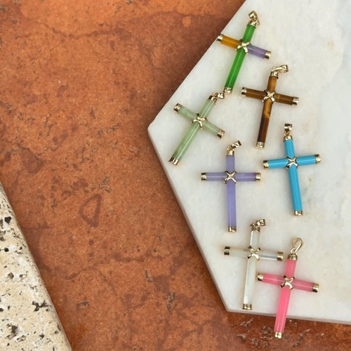 14KT Yellow Gold Tiger's Eye Brown Gemstone Detailed Cross Pendant Charm 36mm - Picture 2 of 7