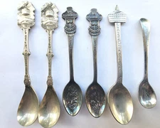 6 souvenir spoons - 2 Aerial Tramway Franconia Notch NH, Bucherer, Tower of Am