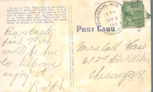 Post Office Street View Cars Cheyenne Wyoming 1945 Postcard - Picture 2 of 2