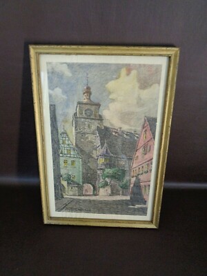 Vintage Framed Colorized Rothenburg Sketch By W. Gerling 