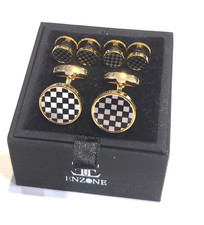 Enzone Tux Stud Set Formal Shirt Cufflinks Gold White MOP Black Onyx check Stone