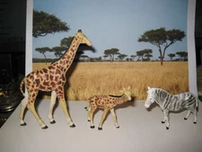 3 Hausser Elastolin Germany 54mm 1/32 Zoo Animals GIRAFFE & ZEBRA soft plastic