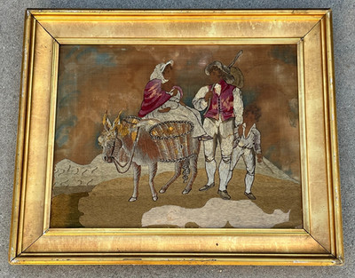 19th century English Needlework Embroidery Paint Peasant Family Scene Hand Done.