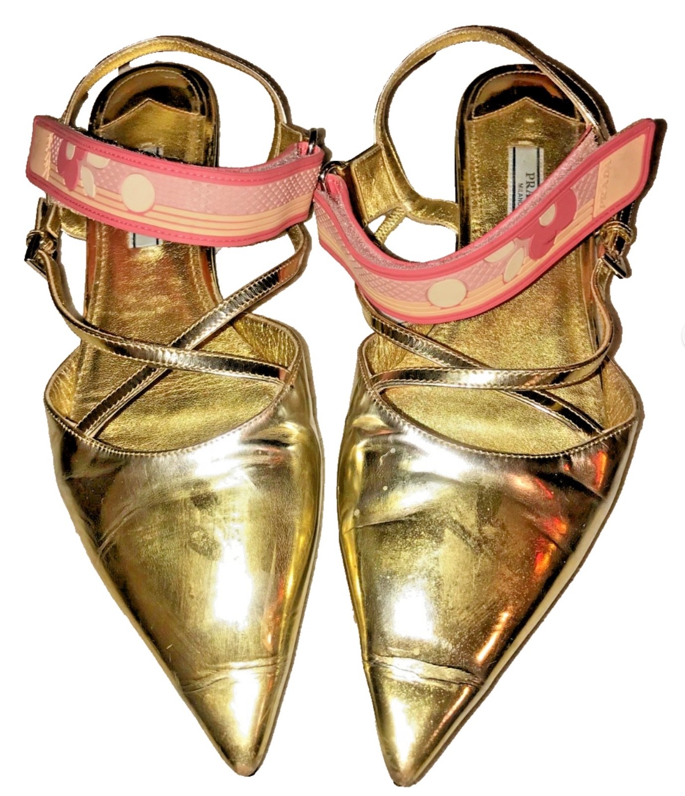 PRADA Woman's Metallic Gold Pointed Toe Slingback Strap X Sandals Size 38 thumbnail 6
