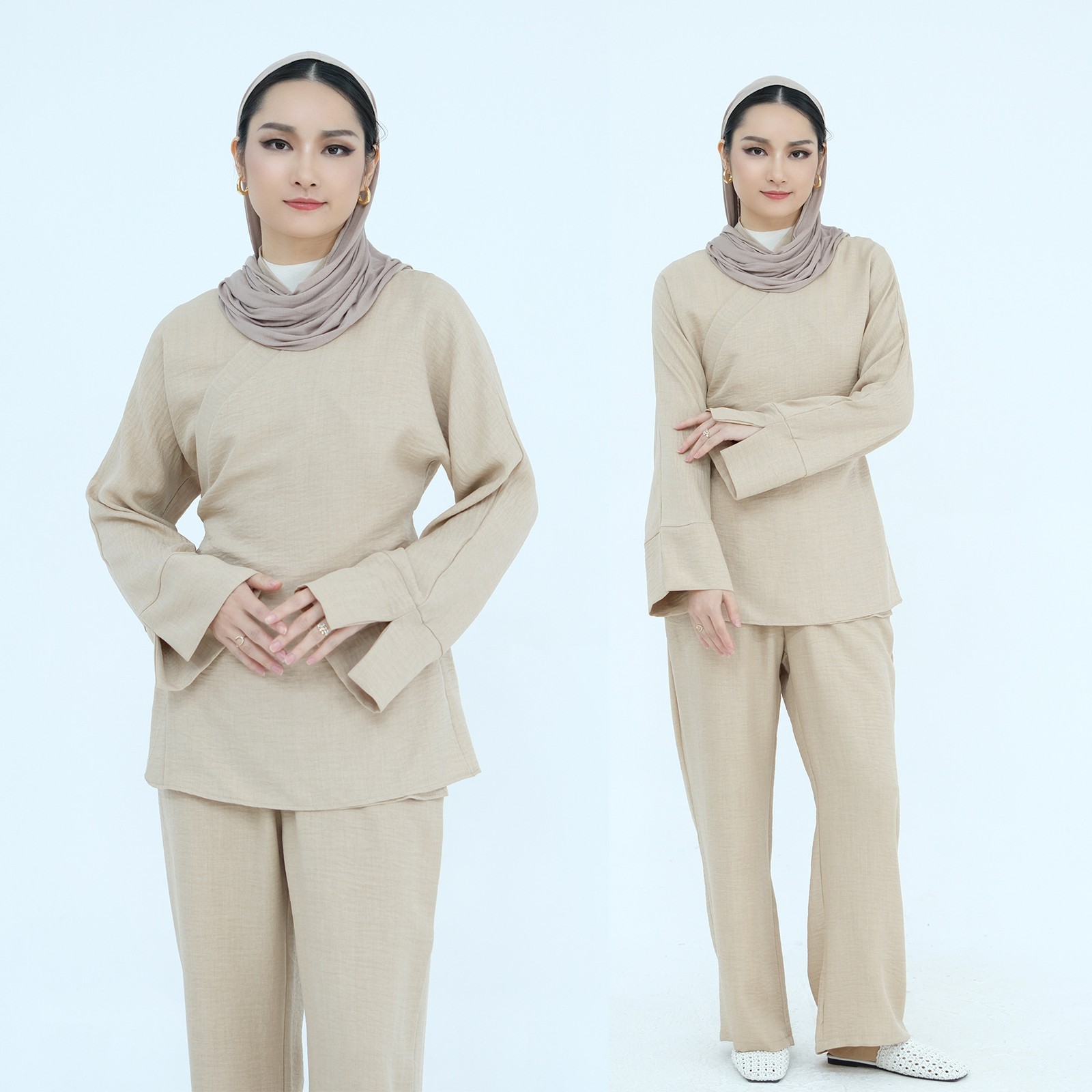 2Pcs Sets Muslim Women Dubai Blouse Top Wide Leg Pants Abaya Kaftan Ramadan Arab
