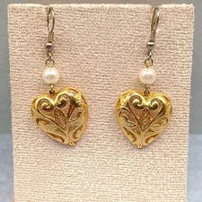 Vintage Gold Tone Filigree Heart Drop Earrings Faux Pearl Accent Hook Style Y2K