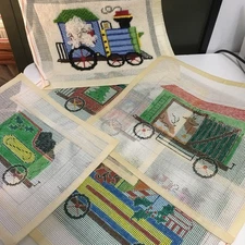 Set of 5 Hand Painted Needlepoint Canvas Christmas Train w/ instructions & yarn 