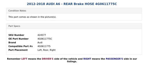 2012-2018 AUDI A6 - REAR Brake HOSE 4G0611775C - Picture 4 of 5
