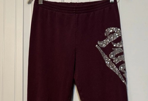 Victorias Secret PINK Joggers S Burgundy Sequin Logo Fleece Lounge Y2K Sweatpant - Picture 6 of 15