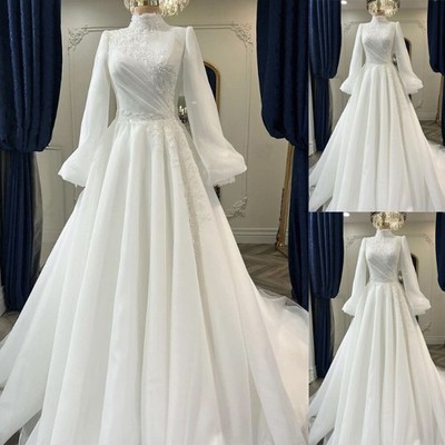 Muslim Chiffon Wedding Dresses High Neck Long Sleeve Applique A-line Bridal  Gown | eBay