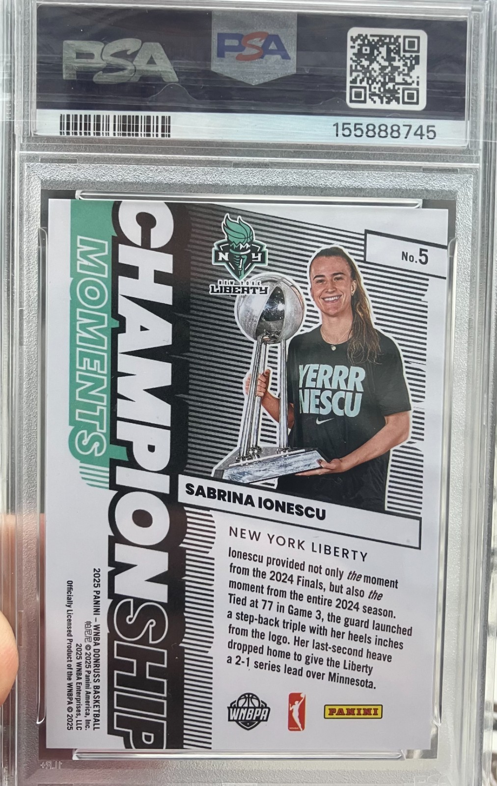 2025 Donruss Sabrina Ionescu RaRe Pop 1 Championship Moments #71/99 PSA 10 Card! view 2