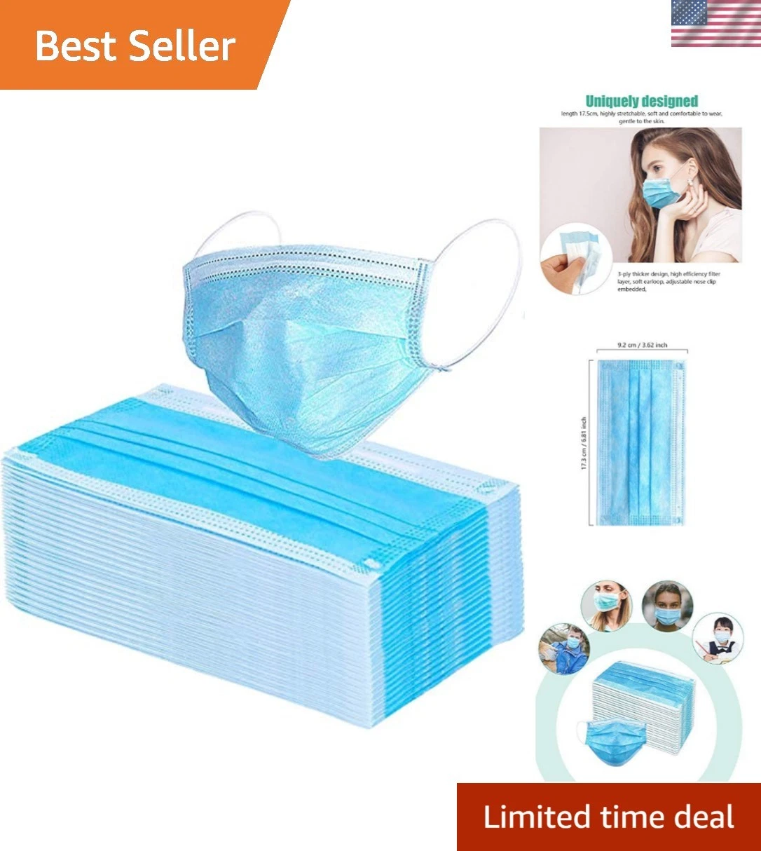 100 Pcs Disposable 3 Ply Earloop Face Masks, Suitable for Home, School, Offic...