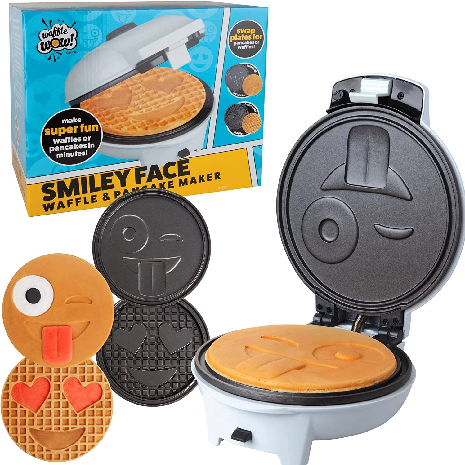Smiley Face Emoji Waffler & Pancake Maker w 4 Interchangeable Removable 8"