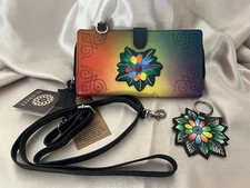 NEW! SUKRITI Hand-Painted Leather RFID Wallet Clutch w/Crossbody Strap & KeyRing
