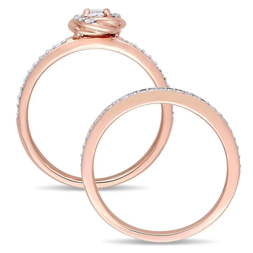 Juego de anillos nupciales Amour de oro rosa de 10 k 1/2 quilates TDW con halo de diamantes Foto 4 de 4