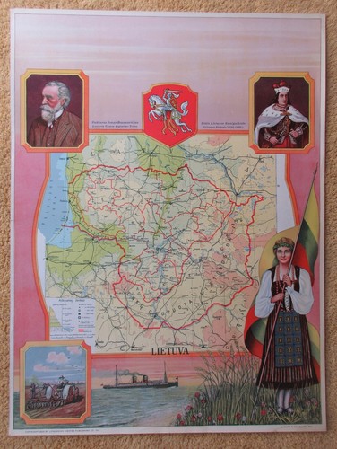 "LIETUVA" ORIGINAL PATRIOTIC CALENDAR ART LITHO - HISTORICAL FIGURES & MAP
