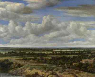 Blechschild Philips Koninck Eine weitläufige Landschaft mit einer Straße an einem Fluss A4 12x8