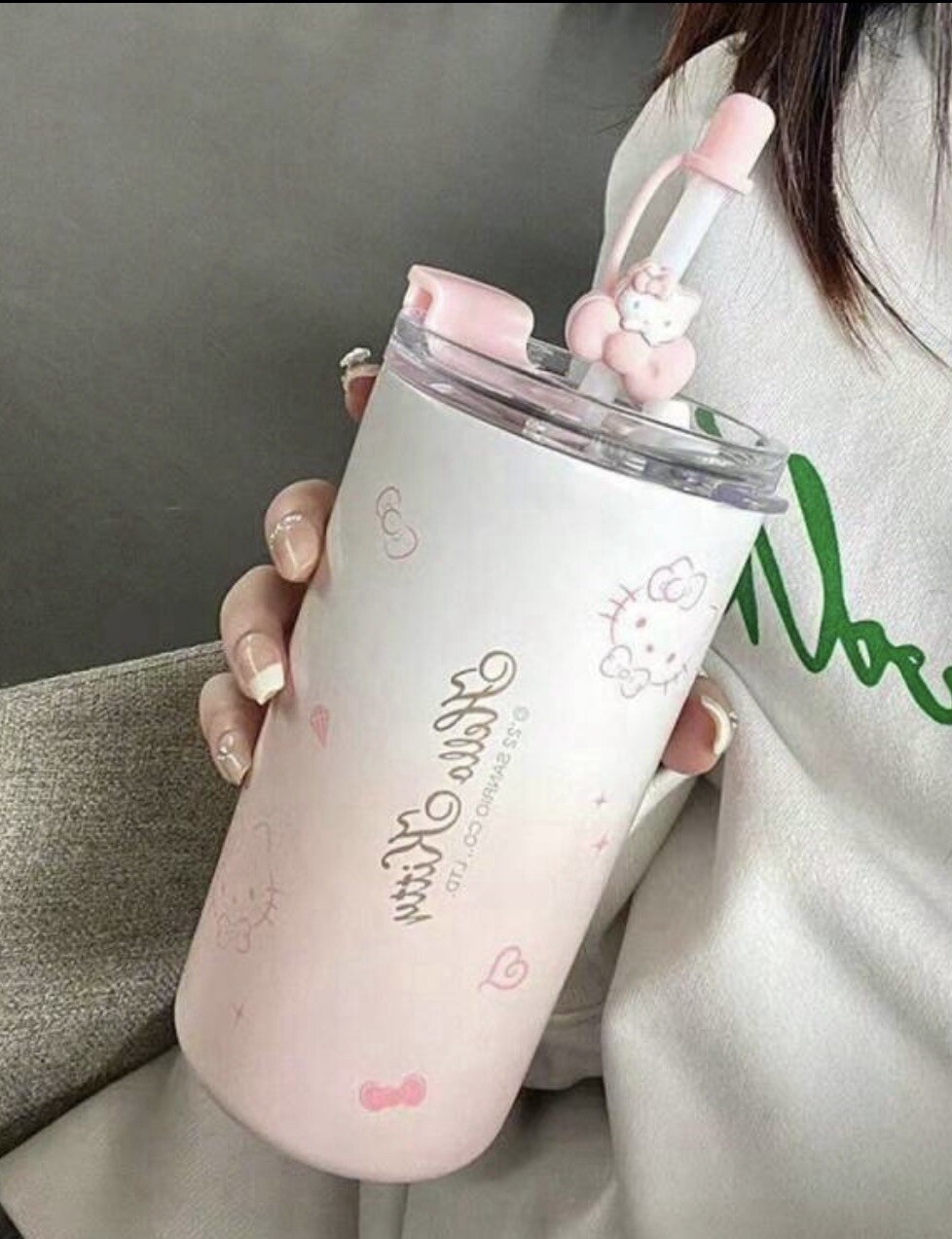 Water Bottle With Straw & decor Hello Kitty Sanrio Stainless