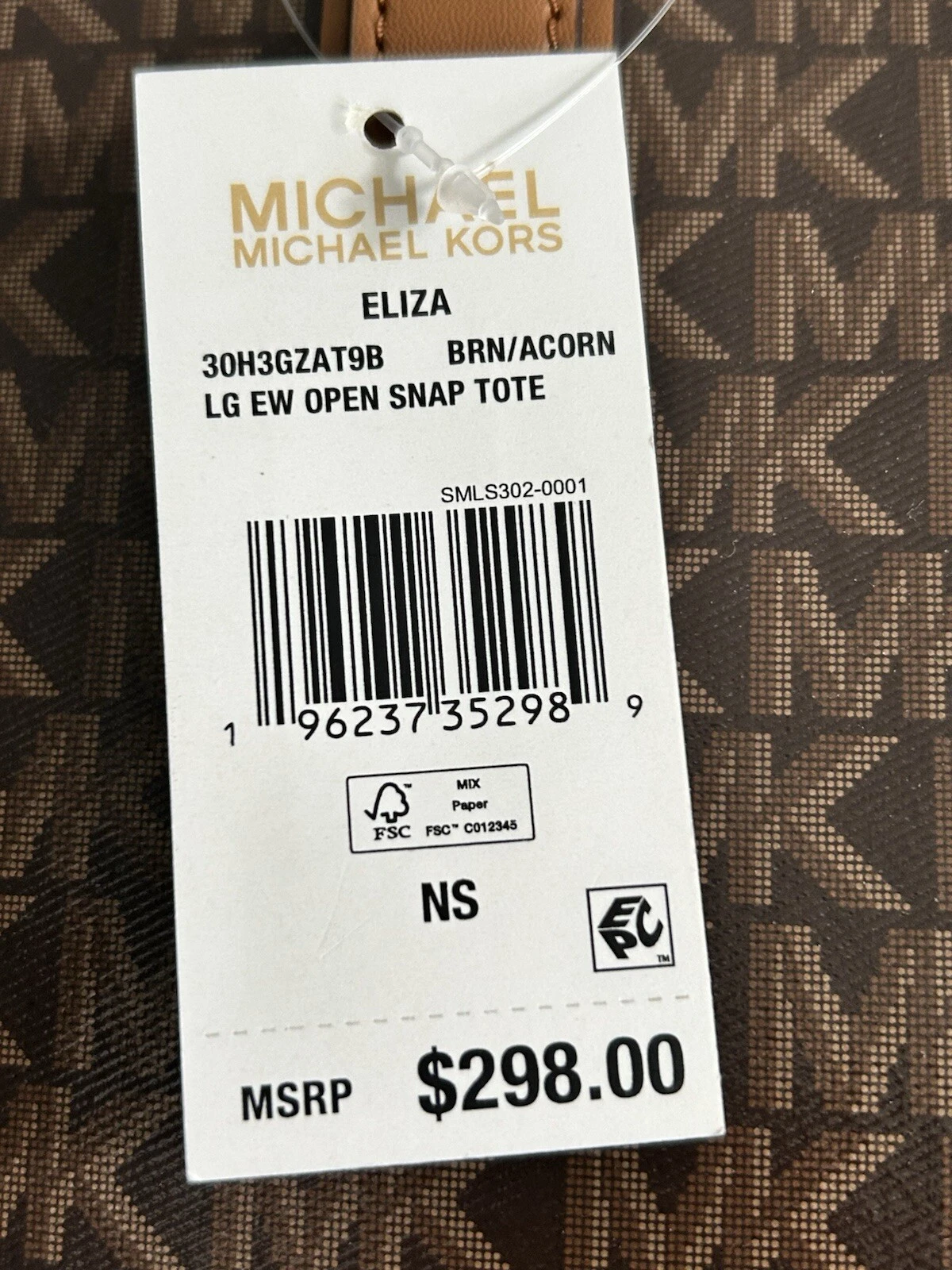 Borsa grande Michael Kors Eliza marrone con logo ghianda nuova con etichetta