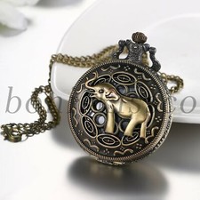 Vintage Bronze Elephant Patterned Quartz Pocket Watch Sweater Chain Necklace