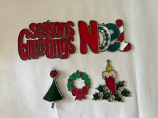 Vintage Christmas Holiday Stained Glass Ornaments Seasons Greetings Noel Wreath