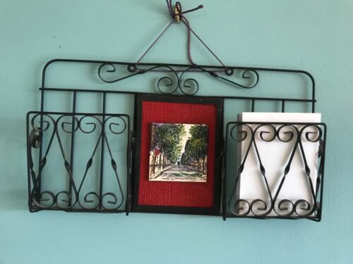 Vintage Wire Photo Letter Holder French balcony wrought iron hand painted tile - Picture 1 of 6