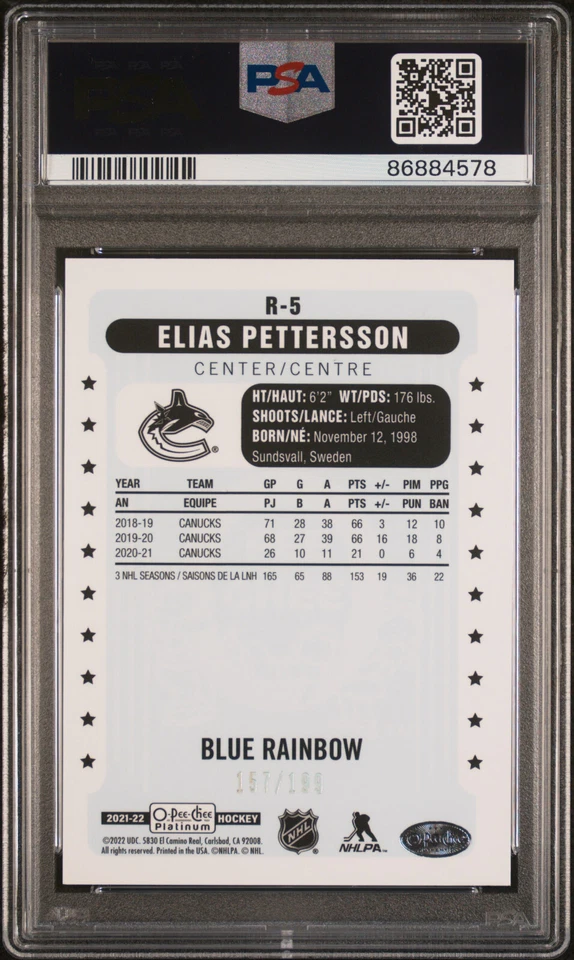 2021-22 OPC Platinum Elias Pettersson Blue Rainbow /199 PSA 10 Canucks  - Image 2 of 2