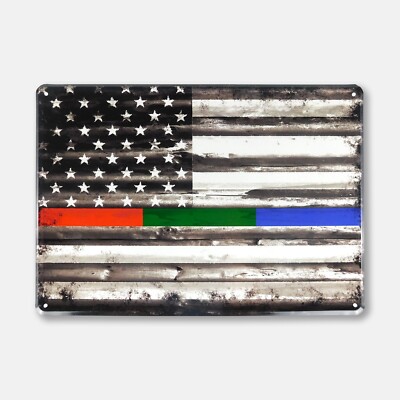 13.5'' X 9.5'' Thin Red Green Blue Line Flag Aluminum Embossed Tacker Sign